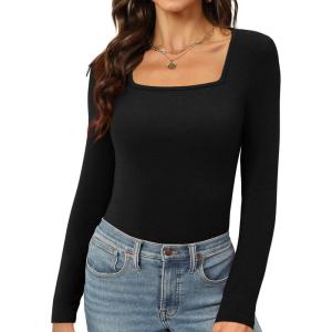 imageWomens Long Sleeve Square Neck Tops 2024 Fashion Slim Fit Tees ShirtsBlack