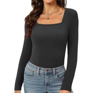 imageWomens Long Sleeve Square Neck Tops 2024 Fashion Slim Fit Tees ShirtsDark Grey
