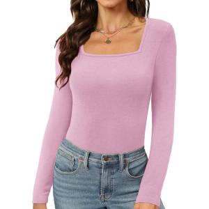 imageWomens Long Sleeve Square Neck Tops 2024 Fashion Slim Fit Tees ShirtsPink
