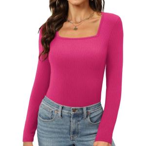 imageWomens Long Sleeve Square Neck Tops 2024 Fashion Slim Fit Tees ShirtsRibbed Pink