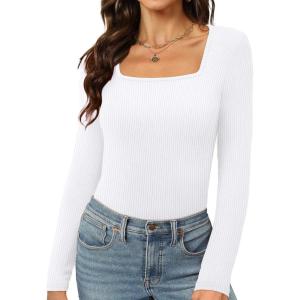 imageWomens Long Sleeve Square Neck Tops 2024 Fashion Slim Fit Tees ShirtsRibbed White