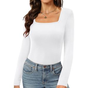 imageWomens Long Sleeve Square Neck Tops 2024 Fashion Slim Fit Tees ShirtsWhite