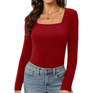 imageWomens Long Sleeve Square Neck Tops 2024 Fashion Slim Fit Tees ShirtsWine Red