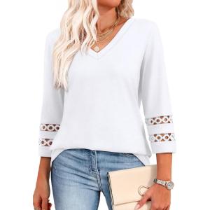 imageXIEERDUO 34 Length Sleeve Womens Tops Dressy Casual Blouses for Women 2025 Trendy V Neck T Shirts Summer ClothesA White
