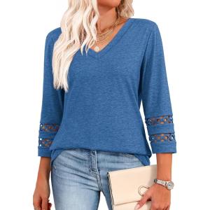 imageXIEERDUO 34 Length Sleeve Womens Tops Dressy Casual Blouses for Women 2025 Trendy V Neck T Shirts Summer ClothesBlue