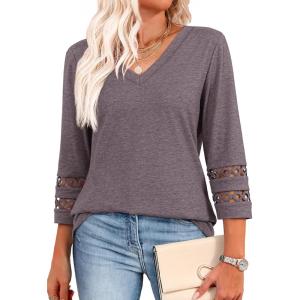 imageXIEERDUO 34 Length Sleeve Womens Tops Dressy Casual Blouses for Women 2025 Trendy V Neck T Shirts Summer ClothesCoffee Grey
