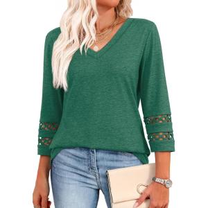 imageXIEERDUO 34 Length Sleeve Womens Tops Dressy Casual Blouses for Women 2025 Trendy V Neck T Shirts Summer ClothesGreen