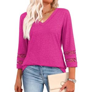 imageXIEERDUO 34 Length Sleeve Womens Tops Dressy Casual Blouses for Women 2025 Trendy V Neck T Shirts Summer ClothesHot Pink