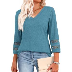 imageXIEERDUO 34 Length Sleeve Womens Tops Dressy Casual Blouses for Women 2025 Trendy V Neck T Shirts Summer ClothesTurquoise