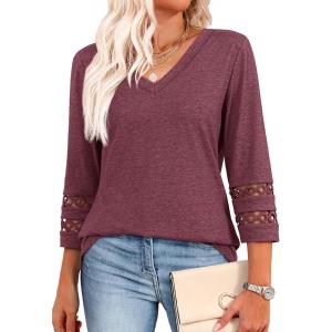 imageXIEERDUO 34 Length Sleeve Womens Tops Dressy Casual Blouses for Women 2025 Trendy V Neck T Shirts Summer ClothesWine Red