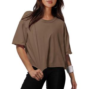imageXIEERDUO Cotton Tshirts for Women Drop Shoulder Round Neck Oversized Crop Tops Workout Tops TeesBrown