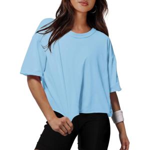 imageXIEERDUO Cotton Tshirts for Women Drop Shoulder Round Neck Oversized Crop Tops Workout Tops TeesLight Blue