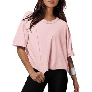 imageXIEERDUO Cotton Tshirts for Women Drop Shoulder Round Neck Oversized Crop Tops Workout Tops TeesPink