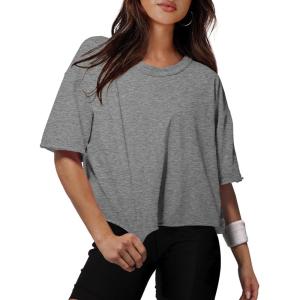 imageXIEERDUO Cotton Tshirts for Women Drop Shoulder Round Neck Oversized Crop Tops Workout Tops TeesPure Grey