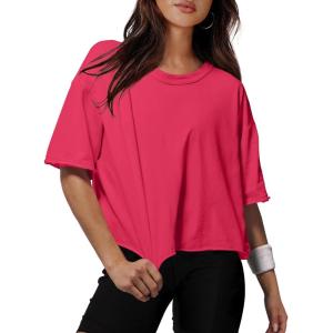 imageXIEERDUO Cotton Tshirts for Women Drop Shoulder Round Neck Oversized Crop Tops Workout Tops TeesRed