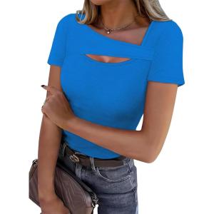 imageXIEERDUO Womens Summer Tops Short Sleeve Shirts for Women Sexy Tops Y2K Shirts One Piece Cutout TopsBlue