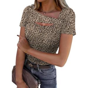 imageXIEERDUO Womens Summer Tops Short Sleeve Shirts for Women Sexy Tops Y2K Shirts One Piece Cutout TopsLeopard Print