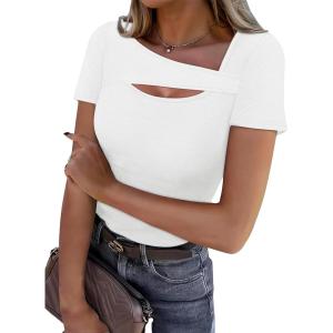 imageXIEERDUO Womens Summer Tops Short Sleeve Shirts for Women Sexy Tops Y2K Shirts One Piece Cutout TopsWhite