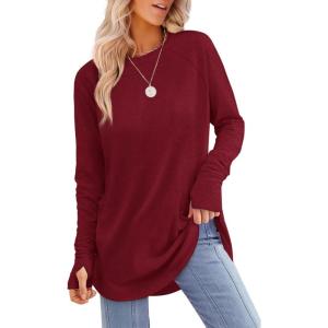 imageXIEERDUO Womens Tunic Tops to Wear with Leggings Long Sleeve Thumb Hole Shirts Crew Neck Curved HemHburgundy