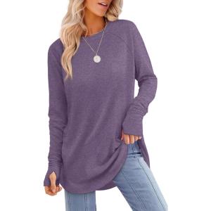 imageXIEERDUO Womens Tunic Tops to Wear with Leggings Long Sleeve Thumb Hole Shirts Crew Neck Curved HemMdark Purple