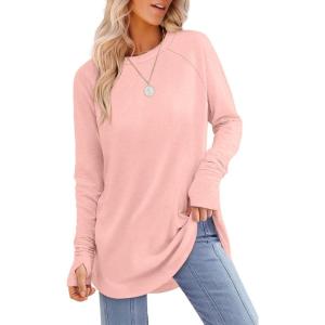 imageXIEERDUO Womens Tunic Tops to Wear with Leggings Long Sleeve Thumb Hole Shirts Crew Neck Curved HemPlightpink