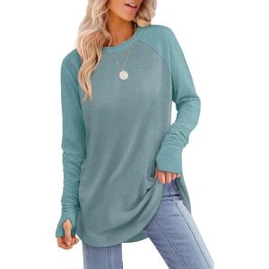 imageXIEERDUO Womens Tunic Tops to Wear with Leggings Long Sleeve Thumb Hole Shirts Crew Neck Curved HemRbluegreencolorblock