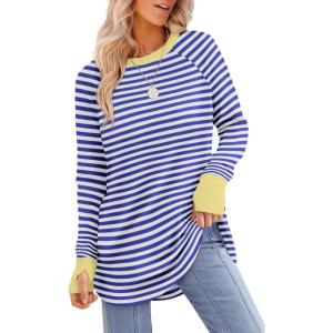imageXIEERDUO Womens Tunic Tops to Wear with Leggings Long Sleeve Thumb Hole Shirts Crew Neck Curved HemStripe Blue White