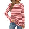 imageXIEERDUO Long Sleeve Shirts for Women Casual Crew Neck Basic Fall Tops Loose Fit ComfyRed Striped