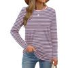 imageXIEERDUO Long Sleeve Shirts for Women Casual Crew Neck Basic Fall Tops Loose Fit ComfyStriped Pink