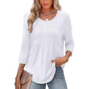 imageXIEERDUO 34 Length Sleeve Tops for Women 2025 Crewneck Casual Pleated Tunic Tops Loose Fit Shirts BlousesAwhite