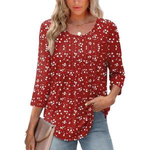 imageXIEERDUO 34 Length Sleeve Tops for Women 2025 Crewneck Casual Pleated Tunic Tops Loose Fit Shirts BlousesFspotted Red
