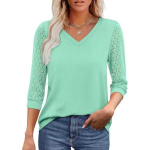 imageXIEERDUO 34 Length Sleeve Womens Tops VNeck Lace Tunic Tops Business Casual Blouses 2025Aqua