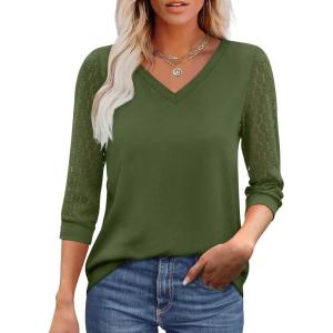 imageXIEERDUO 34 Length Sleeve Womens Tops VNeck Lace Tunic Tops Business Casual Blouses 2025Army Green