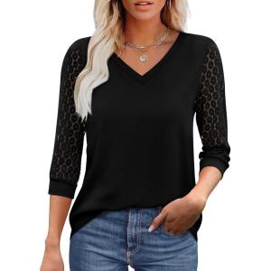 imageXIEERDUO 34 Length Sleeve Womens Tops VNeck Lace Tunic Tops Business Casual Blouses 2025Black