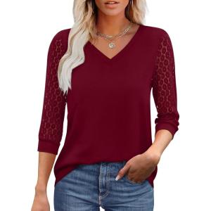 imageXIEERDUO 34 Length Sleeve Womens Tops VNeck Lace Tunic Tops Business Casual Blouses 2025Burgundy