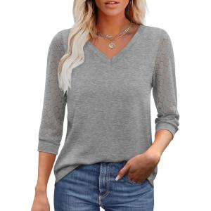 imageXIEERDUO 34 Length Sleeve Womens Tops VNeck Lace Tunic Tops Business Casual Blouses 2025Grey