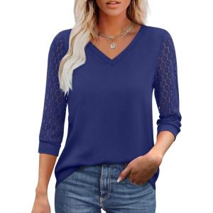 imageXIEERDUO 34 Length Sleeve Womens Tops VNeck Lace Tunic Tops Business Casual Blouses 2025Navy Blue