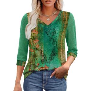 imageXIEERDUO 34 Length Sleeve Womens Tops VNeck Lace Tunic Tops Business Casual Blouses 2025Patternedgreen Floral