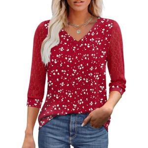 imageXIEERDUO 34 Length Sleeve Womens Tops VNeck Lace Tunic Tops Business Casual Blouses 2025Patternedred Print