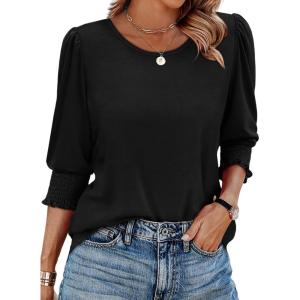 imageXIEERDUO Blouses for Women Dressy Casual 34 Length Sleeve Womens Tops with Smocked CuffsBblack