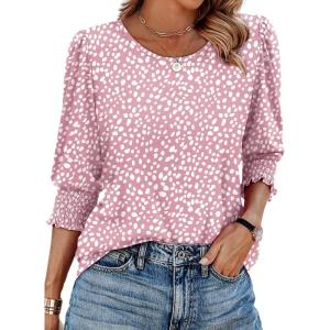 imageXIEERDUO Blouses for Women Dressy Casual 34 Length Sleeve Womens Tops with Smocked CuffsDpink Dot