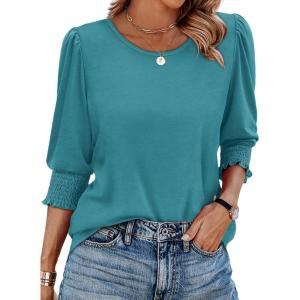 imageXIEERDUO Blouses for Women Dressy Casual 34 Length Sleeve Womens Tops with Smocked CuffsEgrey Blue