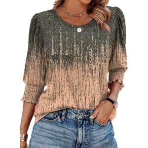 imageXIEERDUO Blouses for Women Dressy Casual 34 Length Sleeve Womens Tops with Smocked CuffsGgrey Pink