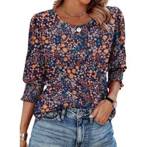 imageXIEERDUO Blouses for Women Dressy Casual 34 Length Sleeve Womens Tops with Smocked CuffsOpurple Orange Flower