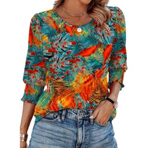imageXIEERDUO Blouses for Women Dressy Casual 34 Length Sleeve Womens Tops with Smocked CuffsStropical Leaves