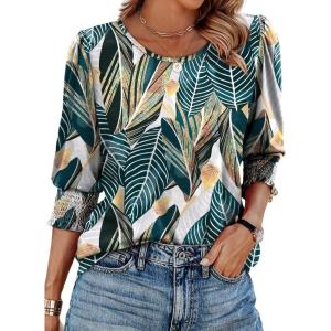 imageXIEERDUO Blouses for Women Dressy Casual 34 Length Sleeve Womens Tops with Smocked CuffsTpalm Leaves