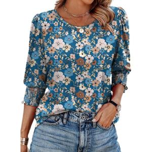 imageXIEERDUO Blouses for Women Dressy Casual 34 Length Sleeve Womens Tops with Smocked CuffsUblue Floral