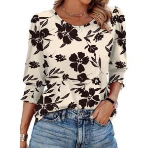 imageXIEERDUO Blouses for Women Dressy Casual 34 Length Sleeve Womens Tops with Smocked CuffsVbeige Black Floral
