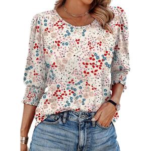 imageXIEERDUO Blouses for Women Dressy Casual 34 Length Sleeve Womens Tops with Smocked CuffsVlight Pink Floral
