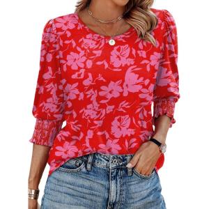 imageXIEERDUO Blouses for Women Dressy Casual 34 Length Sleeve Womens Tops with Smocked CuffsVred Pink Floral